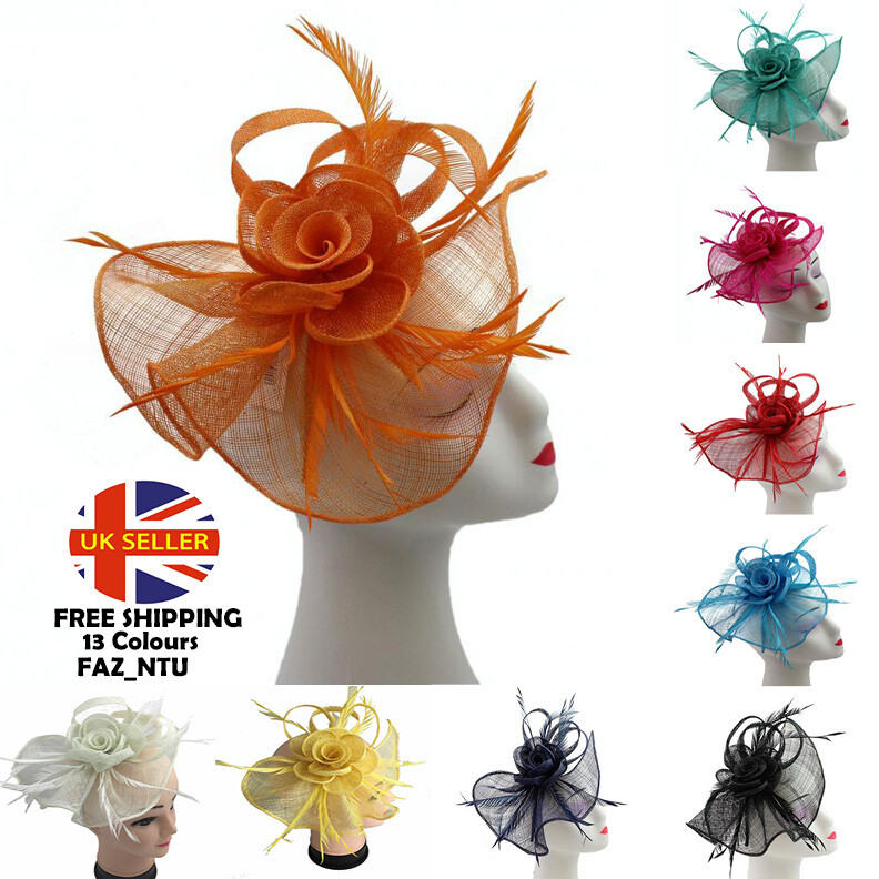 Ladies Navy Sinamay Flower Headband Fascinator With Feather - Wedding, Races, Cocktail Party