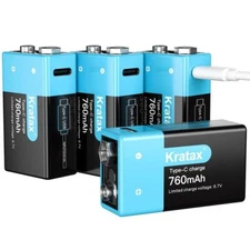 4 Pack 9V Lithium Batteries Kratax USB Type C 9V Rechargeable Batteries