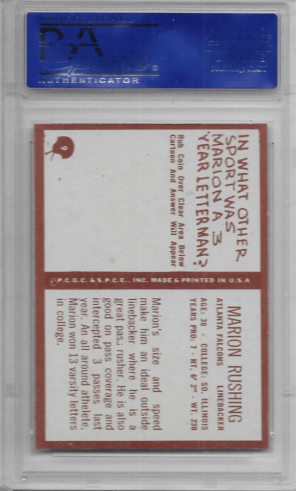 1967 PHILADELPHIA FOOTBALL RC Marion Rushing #9 PSA 8 NM-MT Atlanta Falcons - Image 2 of 2