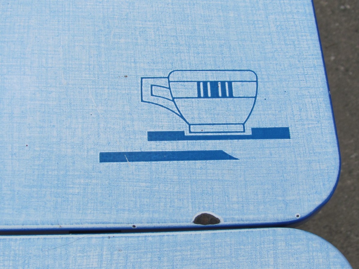 Vtg Blue White Porcelain Enamel Metal Top Table with Slide Out