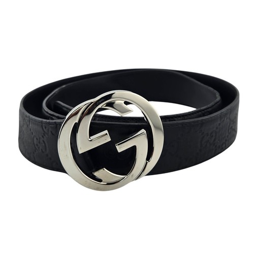 Gucci Signature Black Leather Interlocking G Buckle Belt 411924 100-40 Silver