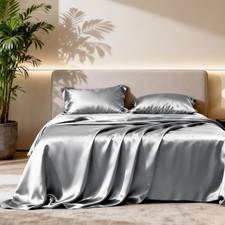 Satin Queen Sheets Set - 4 Piece Dark Grey Silky Bed Sheets with Deep Pocket,