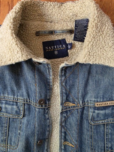 Men's Nautica Jeans Company Denim Trucker Jacket Sherpa Lining Sz L Early 2000's