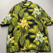 Tommy Bahama Rum Mens XL Silk Hawaiian Shirt Tropical Palm Hibiscus Black Green