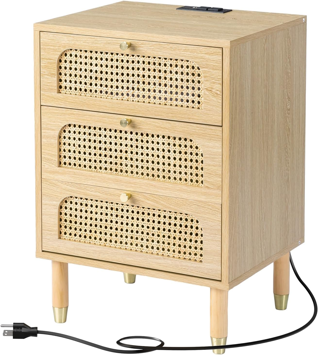 3 Drawer Night Stand Boho Nightstand  with Charging Station for Bedroom Oak
