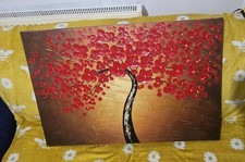Large 3D Textured Tree Canvas Wall Art – Red Flowers on Gold Background
