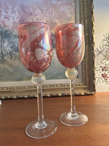 CHRISTINE RUNYON ART Glass Stemware Wine Glasses Signed Goblet Cranberry