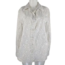 Talbots White Tan Hearts Swirls Button up Lightweight Long Sleeve Blouse Lg