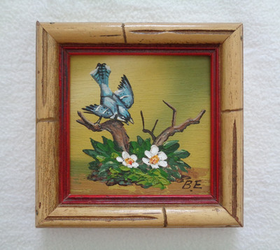Blue Jay On Branch Painting Signed B.E. Bird Flowers Tier Art Framed 5.25''x5.25 