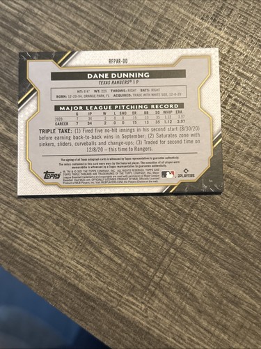 2021 DANE DUNNING TRIPLE THREADS AUTOGRAPHED ROOKIE CARD #RFPAR-DD RANGERS /35 - Picture 2 of 2