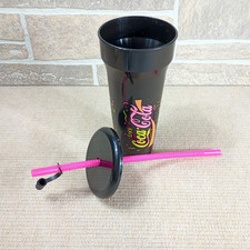 Vintage Coca Cola Refillable Travel Cup w/Lid Straw Black Neon Enjoy Logo 1990s