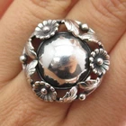 925 Sterling Silver Vintage Modernist Flower Dome Oxidized Ring Size 6.75