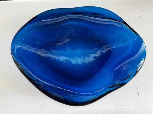 RARE BLENKO Amoeba Free Form Art Deep Blue Glass Bowl Trinket Dish MCM