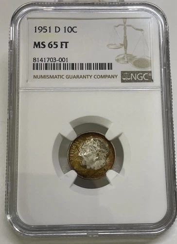 1951-D  Roosevelt Dime 10c MS65 FT NGC Mint State Uncirculated  Toning