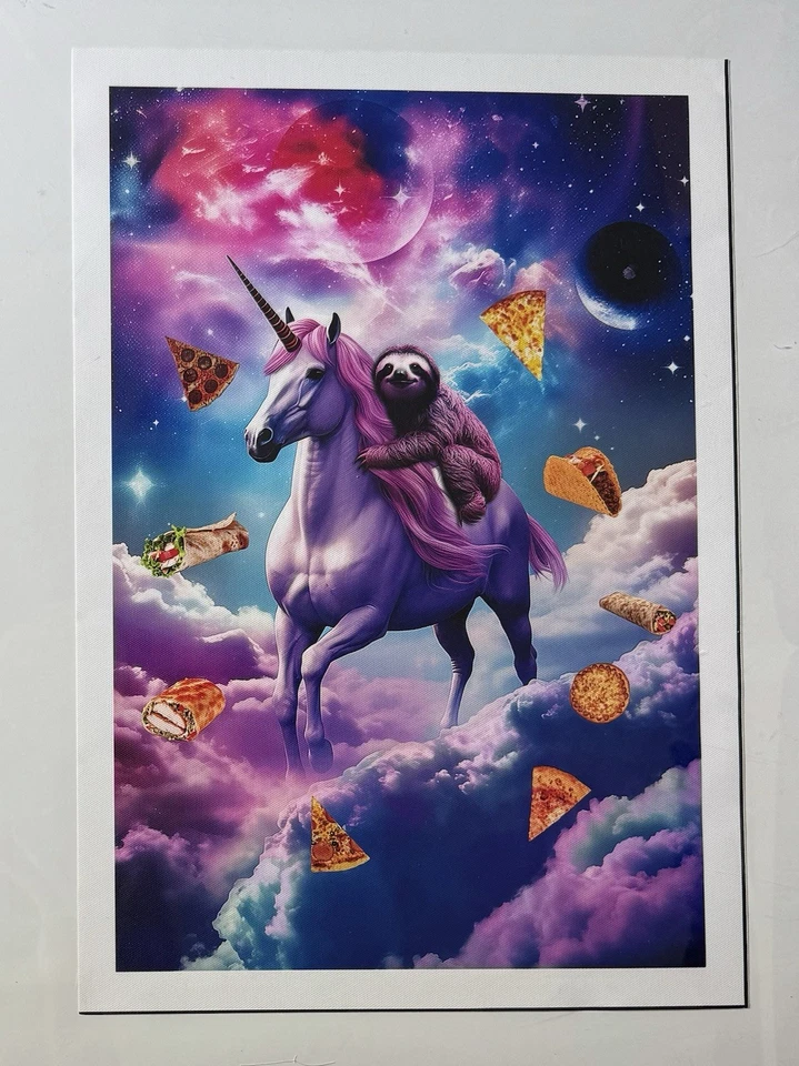 Póster artístico en lienzo Galaxy Sloth Riding Unicorn Pizza Taco Burrito 13,25x19,25 Foto 2 de 4