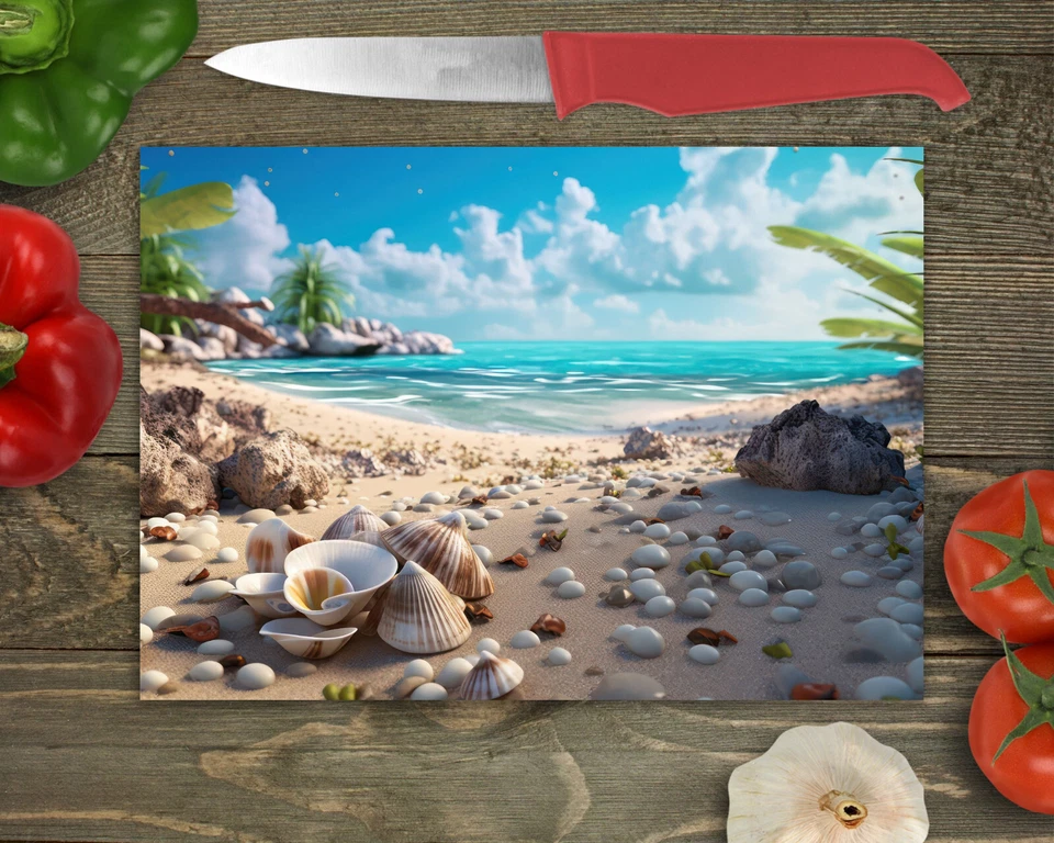 Tábua de corte de vidro temperado temática de praia 15 x 11~FRETE GRÁTIS~ESCOLHA~Presente - Imagem 3 de 4