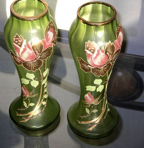 FRANKREICH PAAR ART DECO GLAS VASE ANTIK KAMIN GOLD ROSE EMAILLIERT GETÄFELT PONTIL - Bild 1 von 8