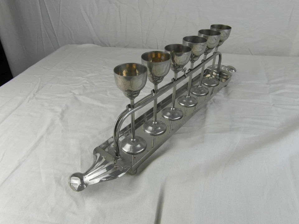 Tablett 6 Becher Messing Etagere Jugendstil Vernickelt Klappbar Tresor Rar o15b1 - Bild 4 von 4