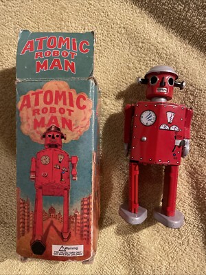 1997 Schylling Red Atomic Robot  Man - Tin Wind-Up Toy w/Box Missing Key