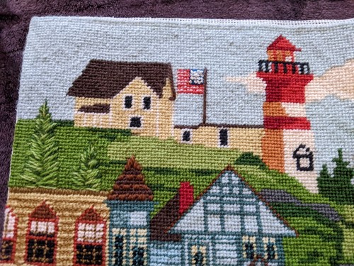 Vintage Seaside Embroidery Needlework Seaside Lighthouse Boat Village 16" x 20" - Afbeelding 3 van 12