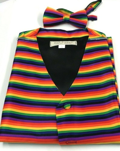 MEN'S RAINBOW DESIGN WAISTCOAT & BOW TIE SET WEDDING PARTIES - Picture 4 of 4