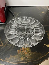 LE Smith Deviled Egg Relish Tray Clear Glass Scalloped Edge 11 inches vintage 