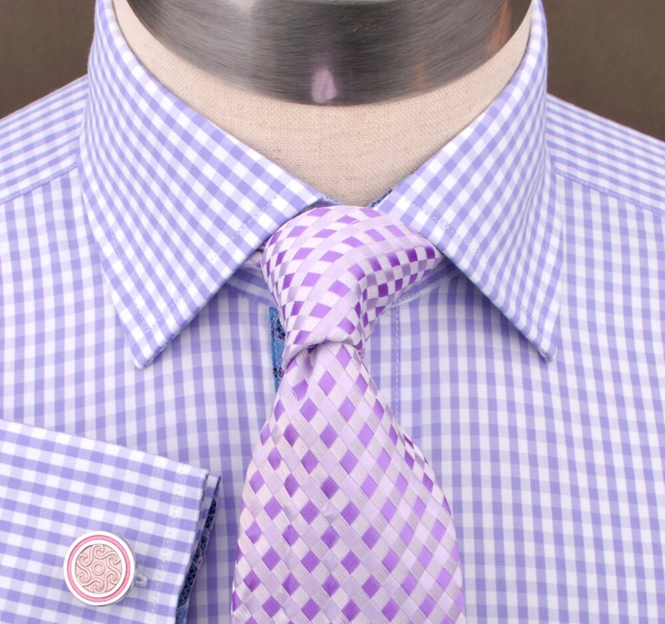 Camisa de vestir de negocios formal a cuadros de guinga púrpura azul a cuadros moda de lujo Foto 2 de 4