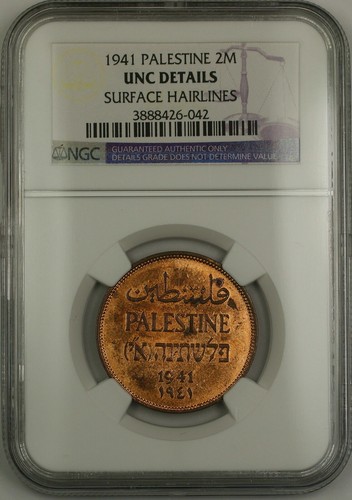 1941 Palestine 2m Two Mils Coin NGC UNC Details Surface Hairlines (Red) - Picture 1 of 2