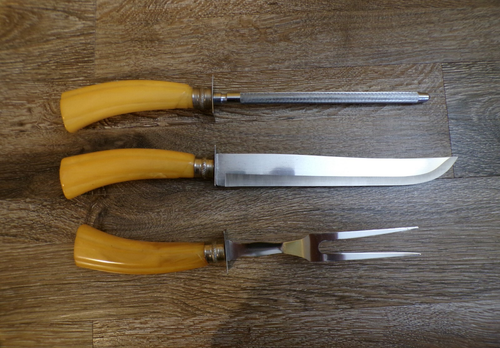 Hohlschliff Vintage Besteck Set Butterscotch gelb Backen leichte Griffe Holz Tablett - Bild 6 von 14
