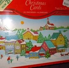 New Box Christmas Cards 21 Village K-Mart Holiday Greeting Embossed Town 