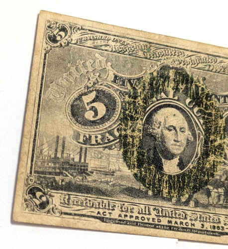 Fr 1235- 5 Cents FIBER PAPER 1863 R1 Fractional Currency, RARE US Obsolete Paper - Picture 3 of 6