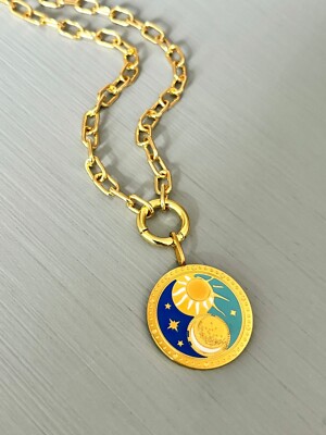 The Moon & The Sun Amulete Necklace Eclipse Medallion Gold Coin Celest Talisman