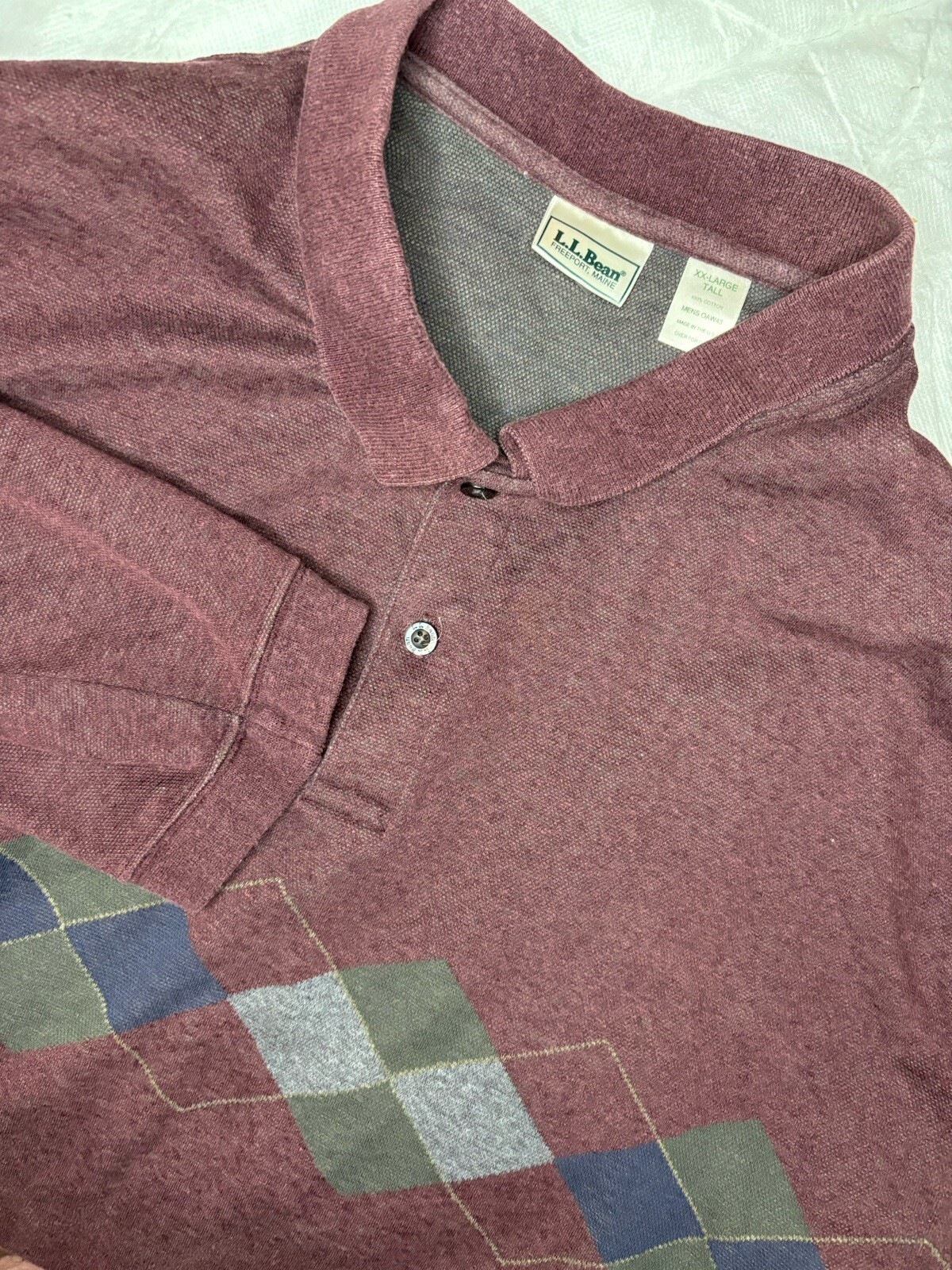 Vintage L.L. Bean Men XXL Argyle Diamond Long Sleeve Polo Shirt Maroon Made USA