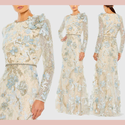 【Mac Duggal】 フリルワンショルダードレープガウン Blue Embroidered Applique Feathered One Shoulder Trumpet