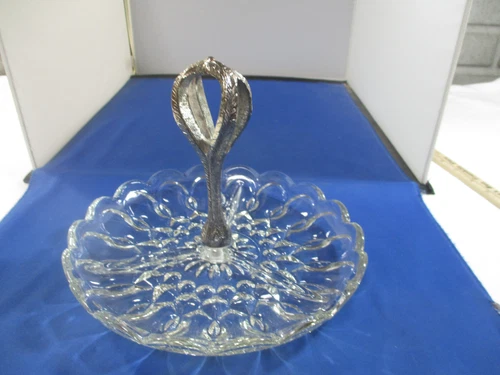 Vtg.  Anchor Hocking Fairfield  3-Part Relish Tray W/Silver Plate Cobra Handle
