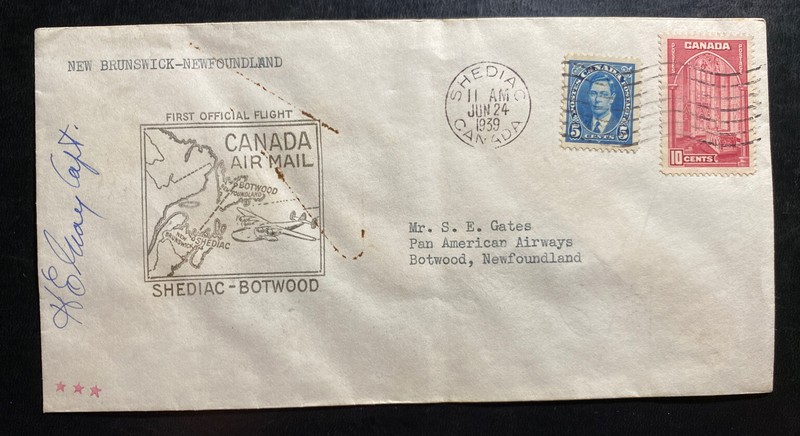1939 Shediac Canada First Flight Airmail Cover To Newfoundland Pilot Signed