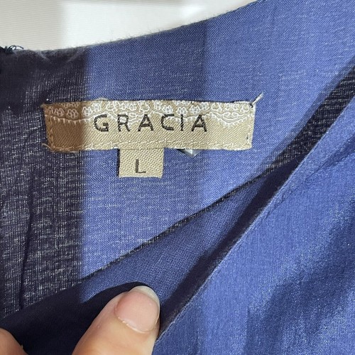 Garcia Blue Silver Dress Bell Sleeve Eyelet Size L Silk Embroidered Babydoll - Bild 7 von 12
