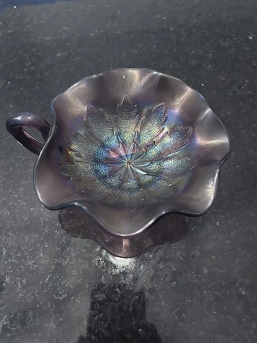 Antique Carnival Glass Amethyst Handled Nappy Leaf Pattern