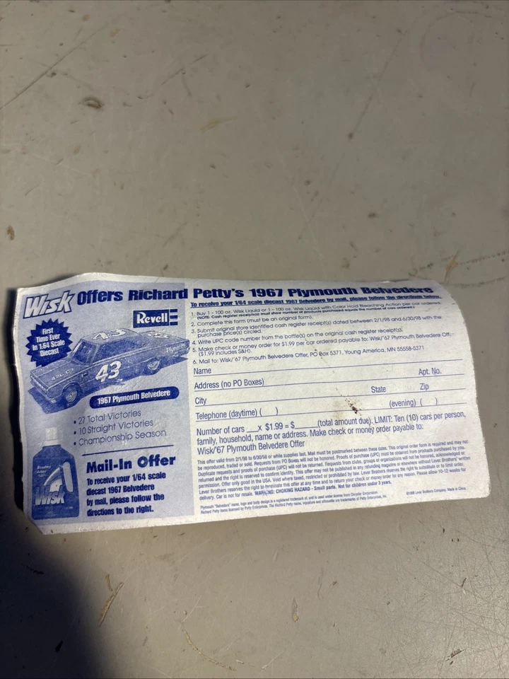 Richard Petty #43 1967 Plymouth Belvedere coche diecast 1:64 WISK Mail-in Revell Foto 3 de 3