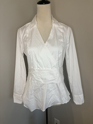 #ad White House Black Market NWT Women’s White Blouse Faux Wrap Top Size 10 Petite $25.00