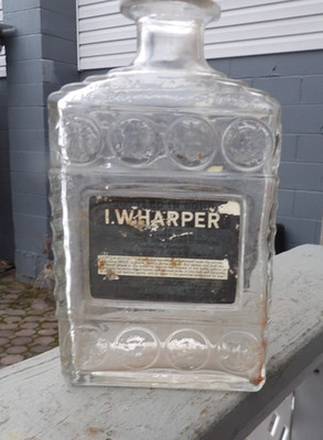 Vintage I.W. Harper Paper Label Bourbon Whiskey Glass Decanter Bottle 4/5 qt.
