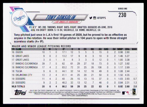 2021 Topps Tony Gonsolin Los Angeles Dodgers #230 - Foto 2 di 2