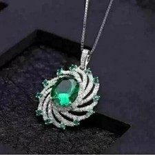 3Ct Oval Cut Lab Created Emerald Women's Pendant Necklace 14K White Gold Plated