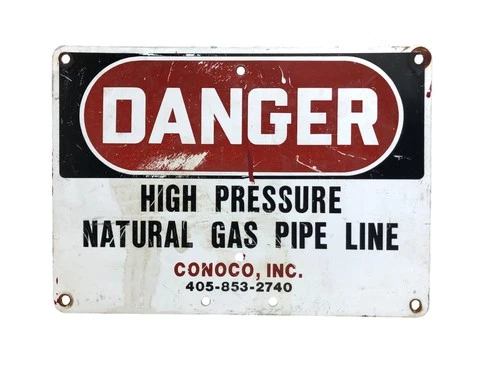 Vintage Used Metal Sign Conoco Danger High Pressure Natural Gas Pipe Line 14x10"