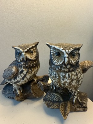 Vintage 1970s Homco Pair Great Horned Owl Porcelain Figurines Owls Set 2 Birds