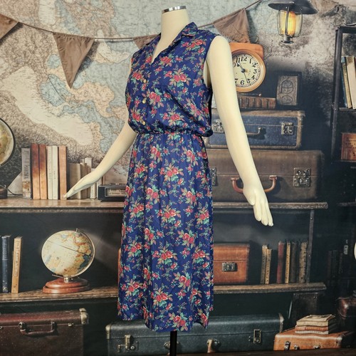Vintage 1970s Dress Sleeveless Mididress Collar Rich Blue Red Roses Print Retro - Picture 9 of 12