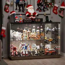 Gurexl Glass Display Cabinet with 3 Color Light- Display Case with Glass Shelves