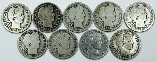 MIXED DATE BARBER QUARTER LOT! 9 TOTAL COINS! RARE DATES INCLUDED! NR #P2018