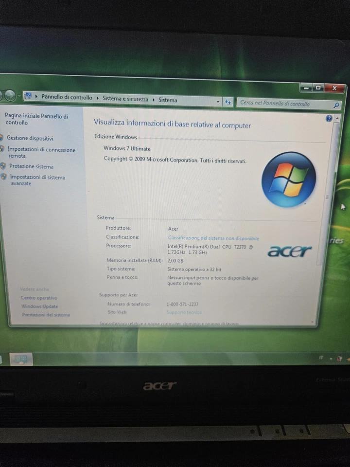 Notebook Acer Extensa 5620Z Intel Core 2 Duo 2 Gb Ram Windows 7 Ultimate - Immagine 2 di 4