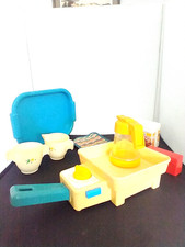 Vintage Fisher Price Bowls/Frying Pan/ Syrup Container/Creamer/Sugar/Tray, More